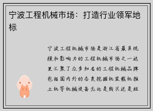 宁波工程机械市场：打造行业领军地标
